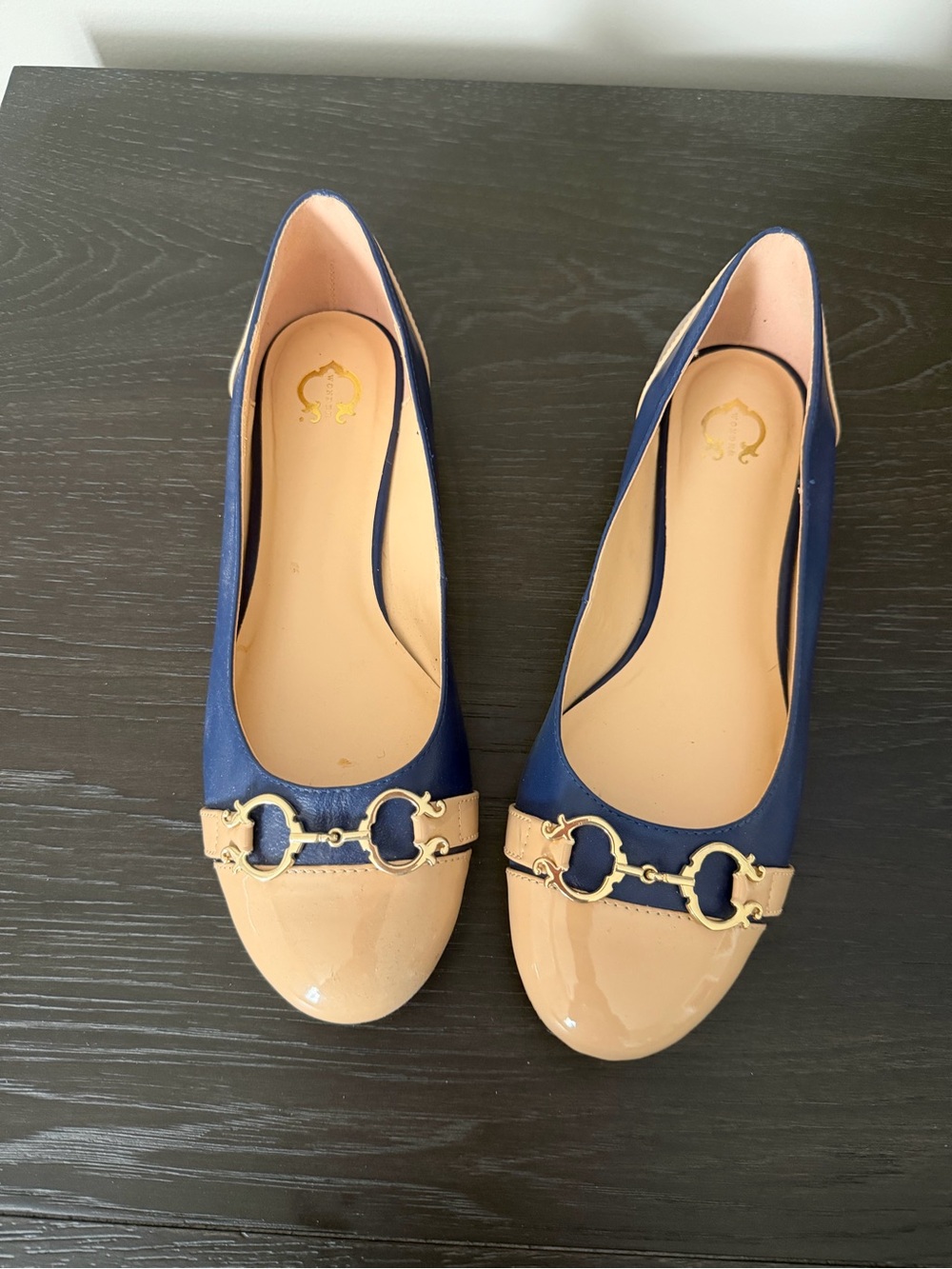 C. Wonder Navy and Beige Two-Tone Ballet Flats with Gold Hardware